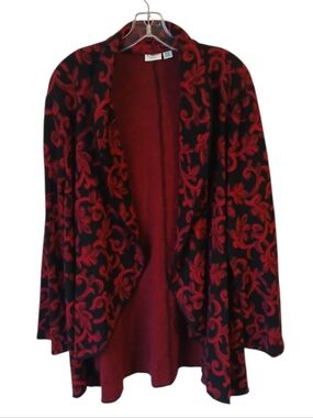 Cato Open Front Red and Black Patterned Sweater Cardigan